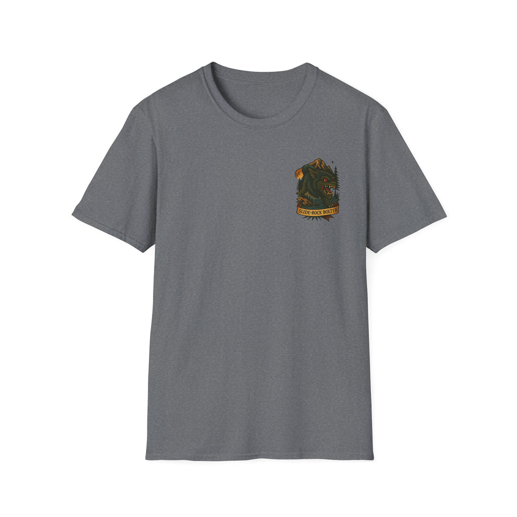 Slide-Rock Bolter Mountain Adventure Retro Graphic Tee | Cryptozoology Unisex Softstyle T-Shirt