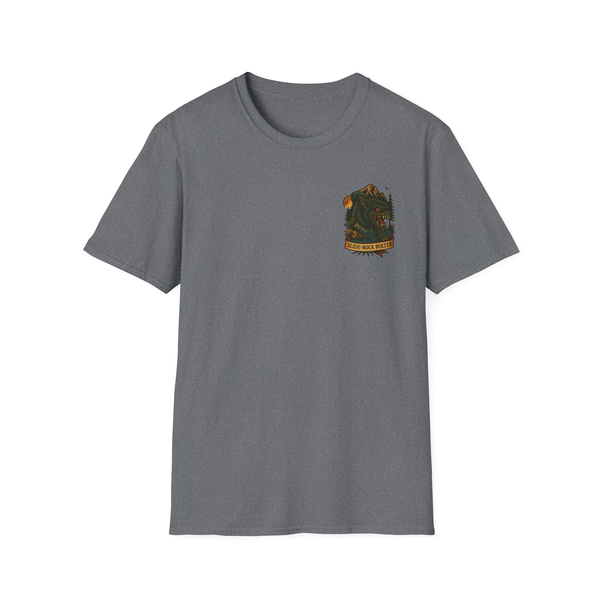 Slide-Rock Bolter Mountain Adventure Retro Graphic Tee | Cryptozoology Unisex Softstyle T-Shirt